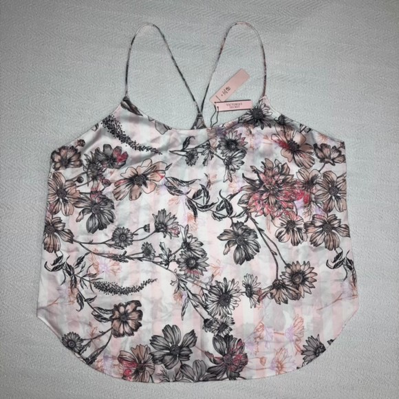Victoria's Secret XL Satin Racerback Cami Pajama Top Sleepwear Pink Floral Strip - Picture 8 of 8